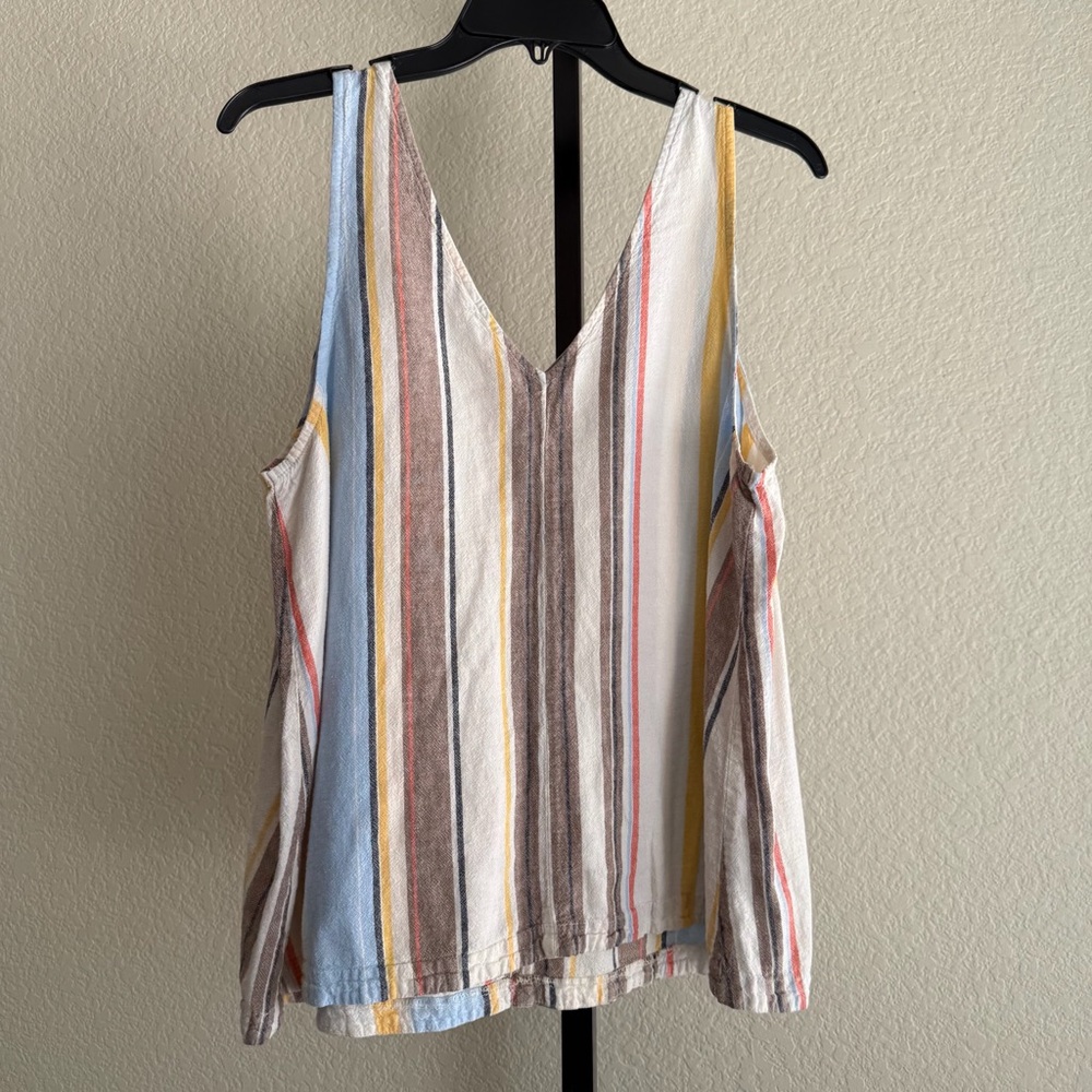 Colorful Striped V Neck Sleeveless Tank Large Multicolor Linen Vacation Beach - Picture 7 of 9